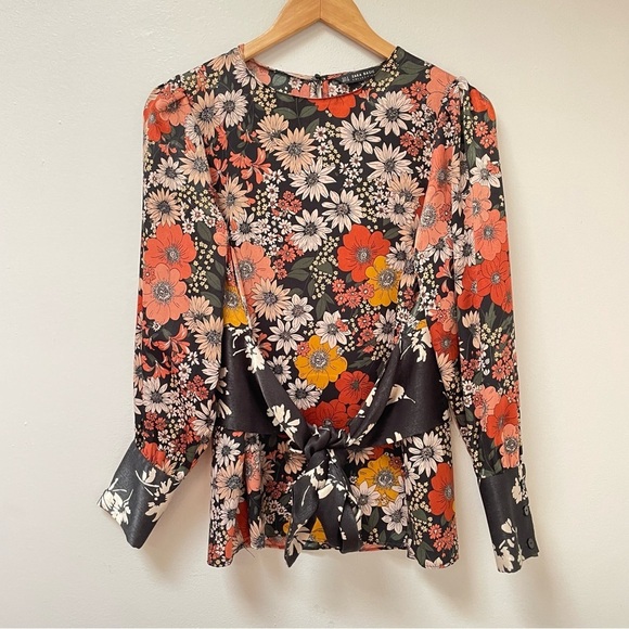 Zara Basic Floral Long Sleeve Front Tie Blouse Size S - Picture 2 of 10